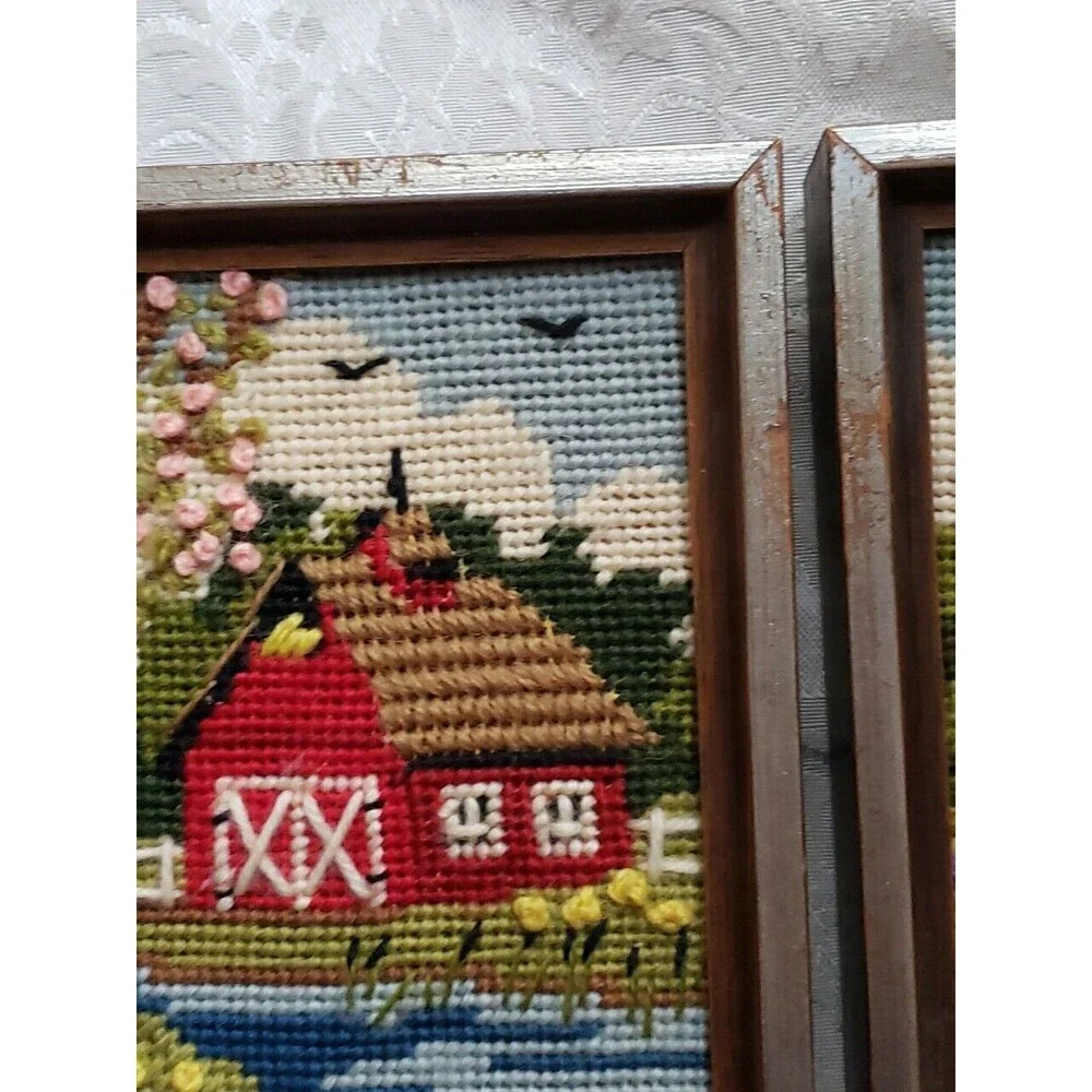 Vintage Jiffy Finished Needlepoint Spring Barn Summer Mill Set 2 Framed Square